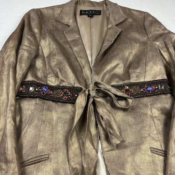 Nicole Miller Collection Linen Tie Front Blazer Metallic Gold Jacket Size 10 - Picture 2 of 11